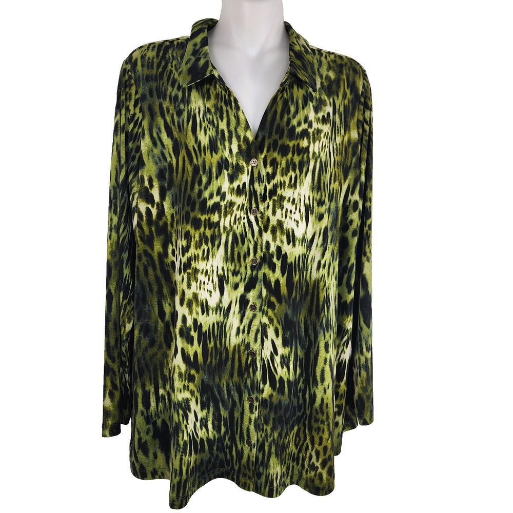 Susan Graver Printed Liquid Knit Animal Print Button Front A-Line Tunic XLP Pine